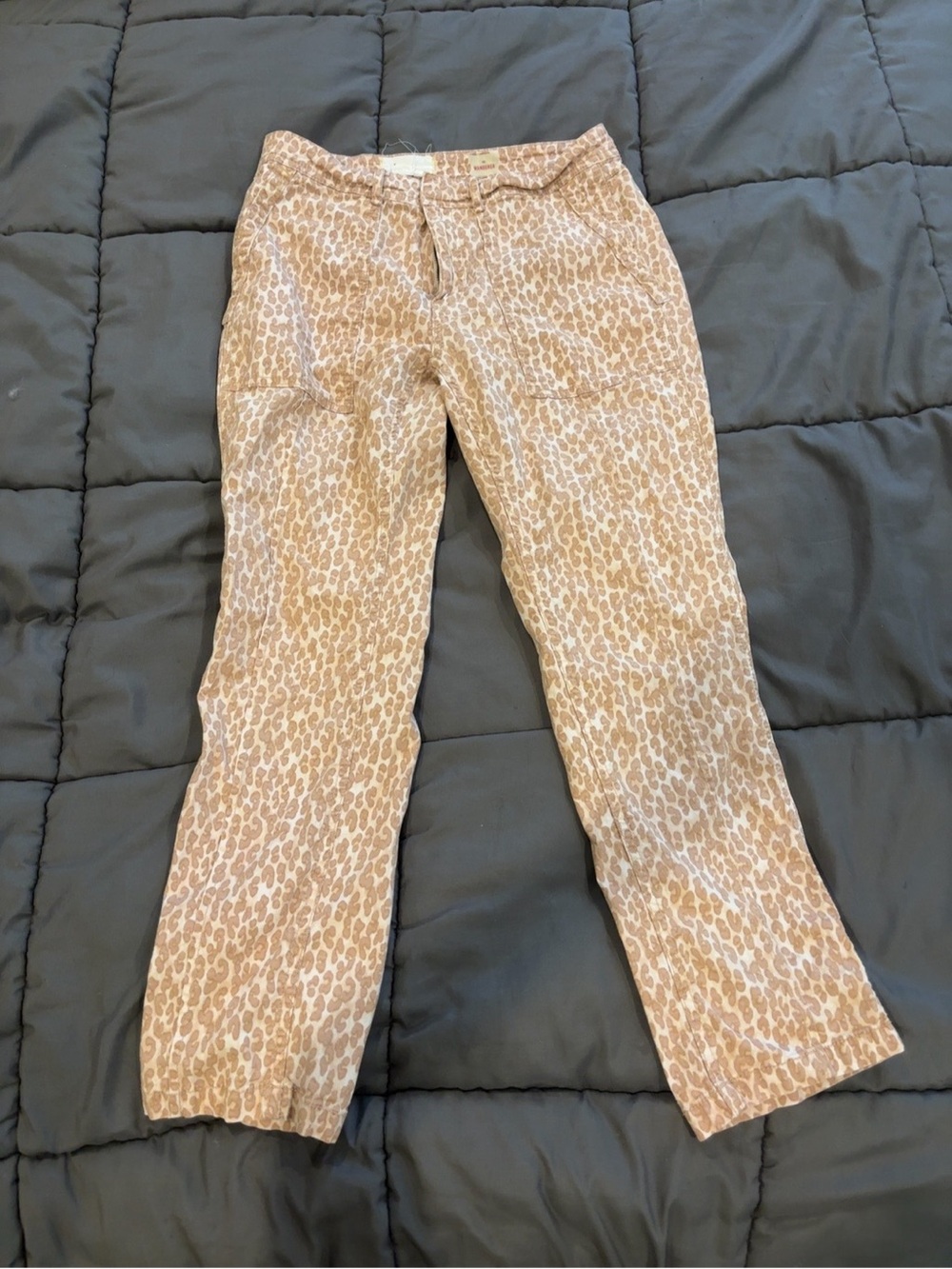 Anthropologie Taupe Leopard Print Linen Blend Straight Leg Pants Size 29